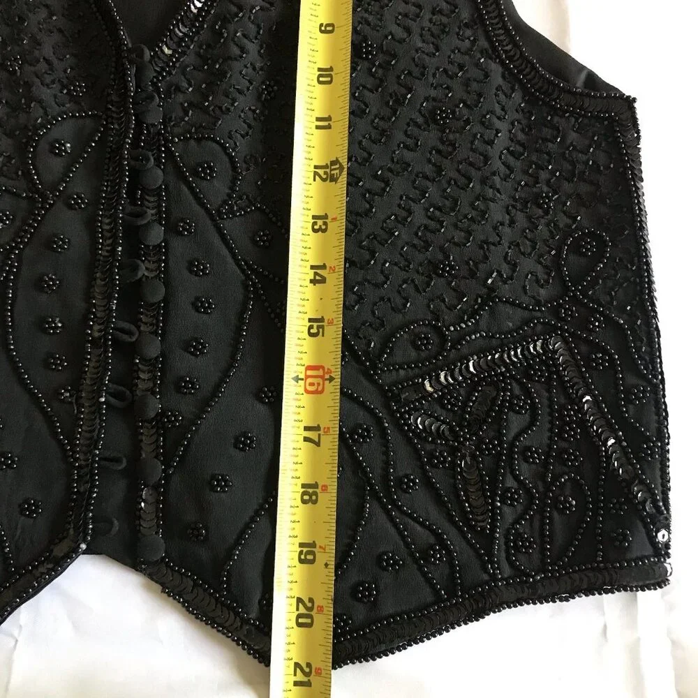 Vintage 90s Spencer Jeremy Black Beaded Sequin Silk Vest - Size M - Picture 8 of 8